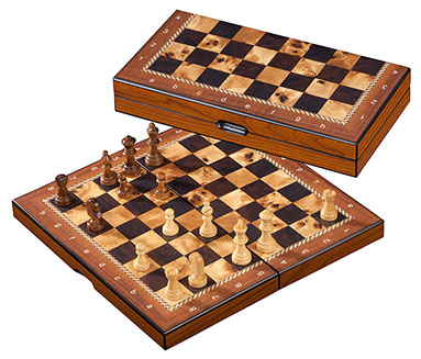 Schachkassette Vogelaugenahornoptik mit Figuren aus Schima-Holz KH47