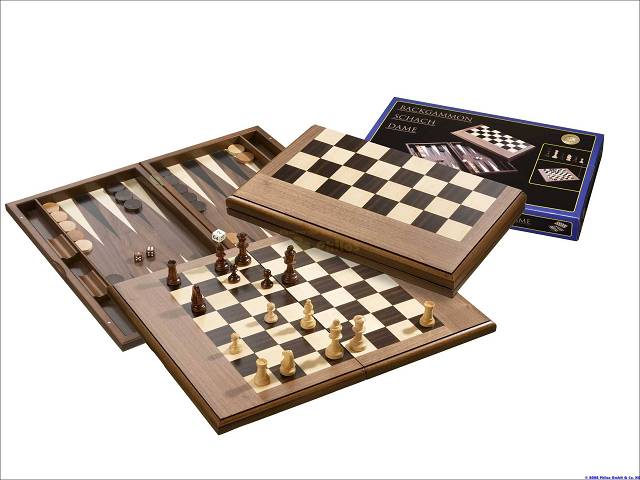Schach, Backgammon, Dame Set - Erle, Walnuss-, Ahorn- + Ebenholz